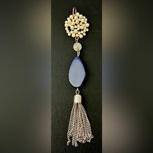 Y2K Faux Blue Agate Pearl Rhinestone Tassel Pendant Necklace McBling 2000s